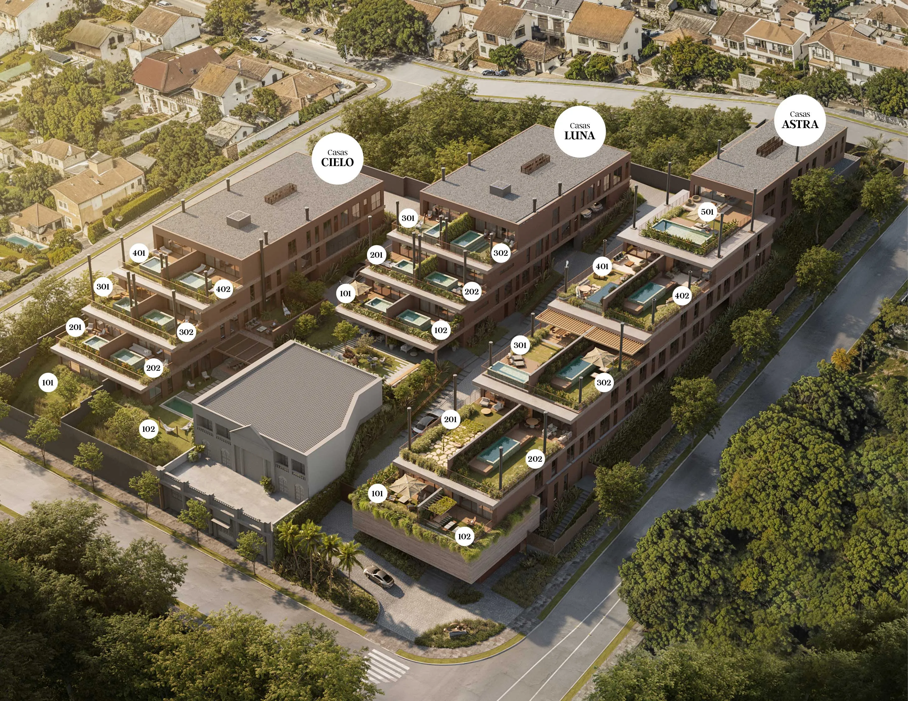 Vista externa de uma das casas do Altana com pátio suspenso e integração com a paisagem.